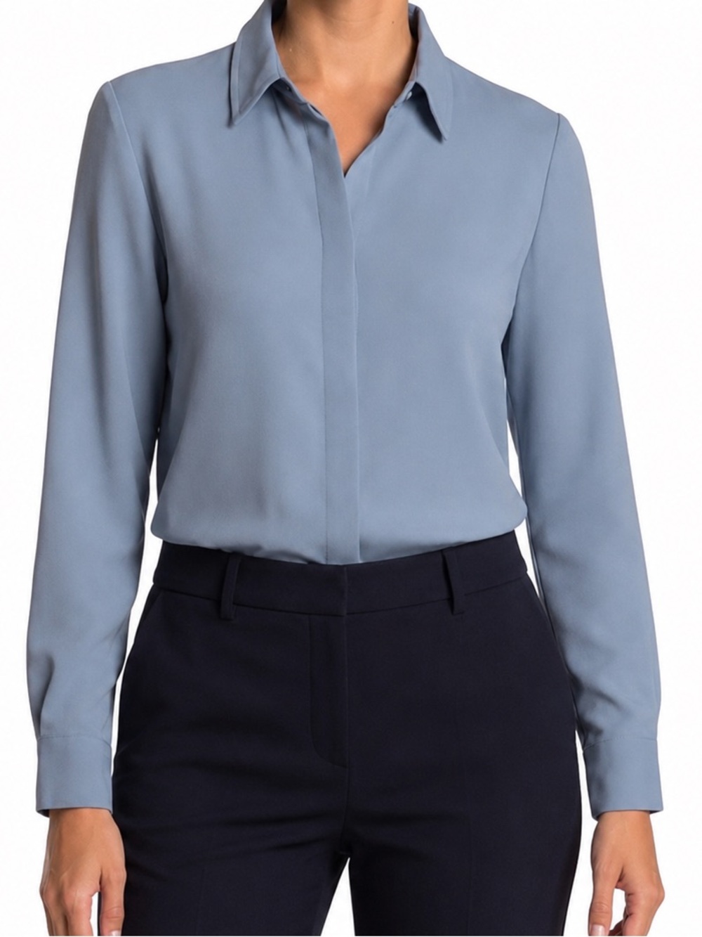 NWT Elie Tahari Dune Blue Tunic Button Up Top Curved High Low Hem L